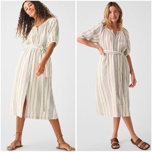 Faherty Striped Button-Front Midi Dress in Cream and Green